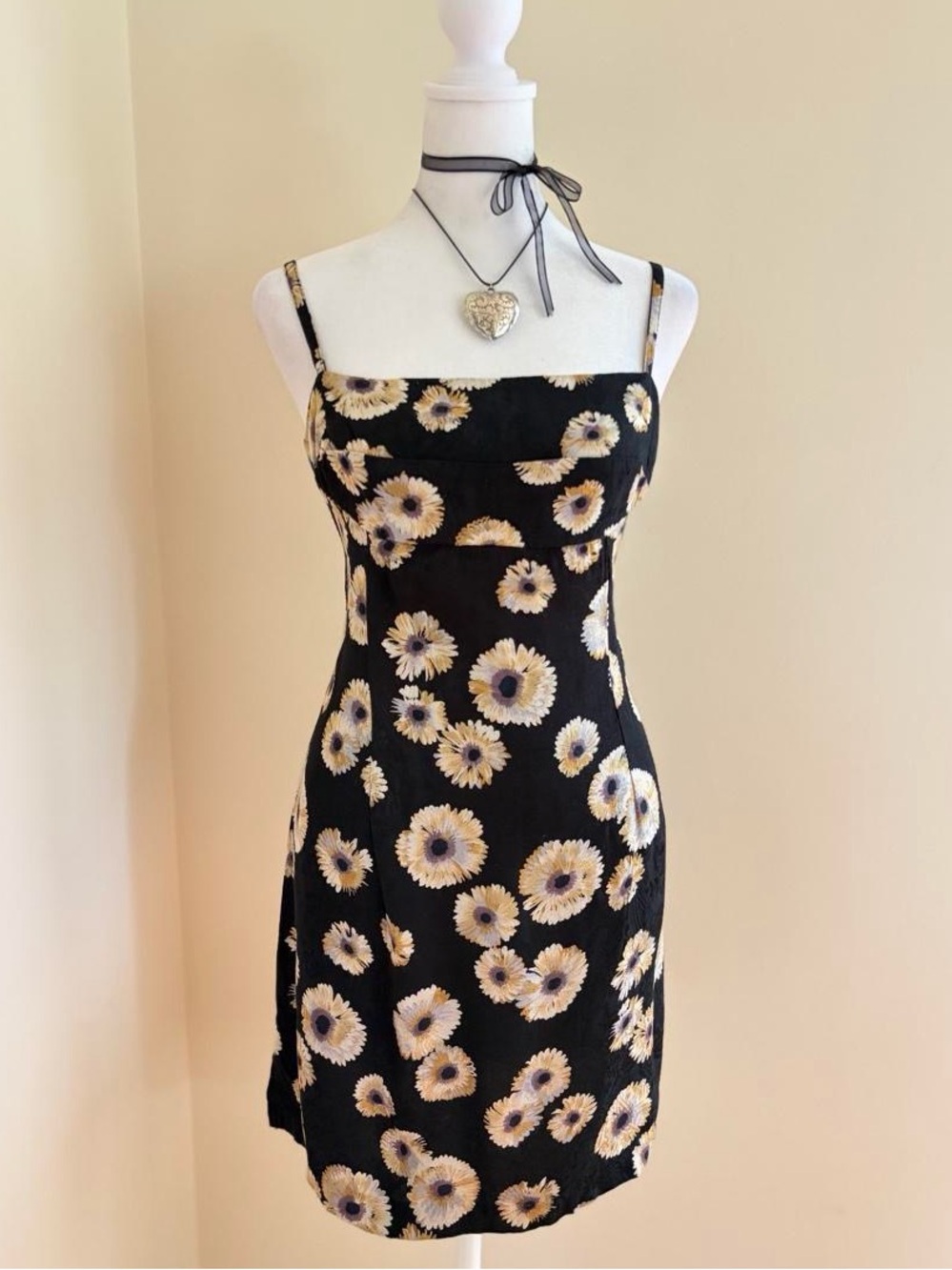 Vintage 90s floral babydoll satin paisley brocade black mini dress formal fit S